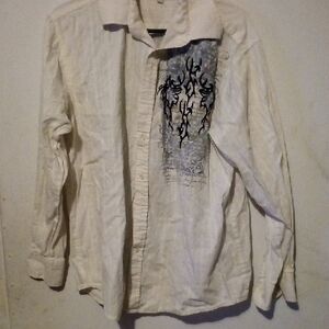 Cream Long Sleeve Shirt with Black and Blue Design Large